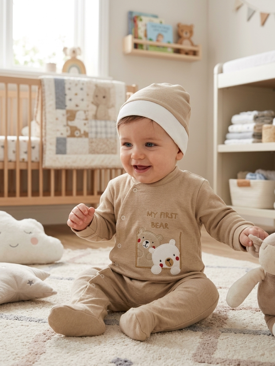 Малък чаровник в бежов гащеризон „My First Bear“
