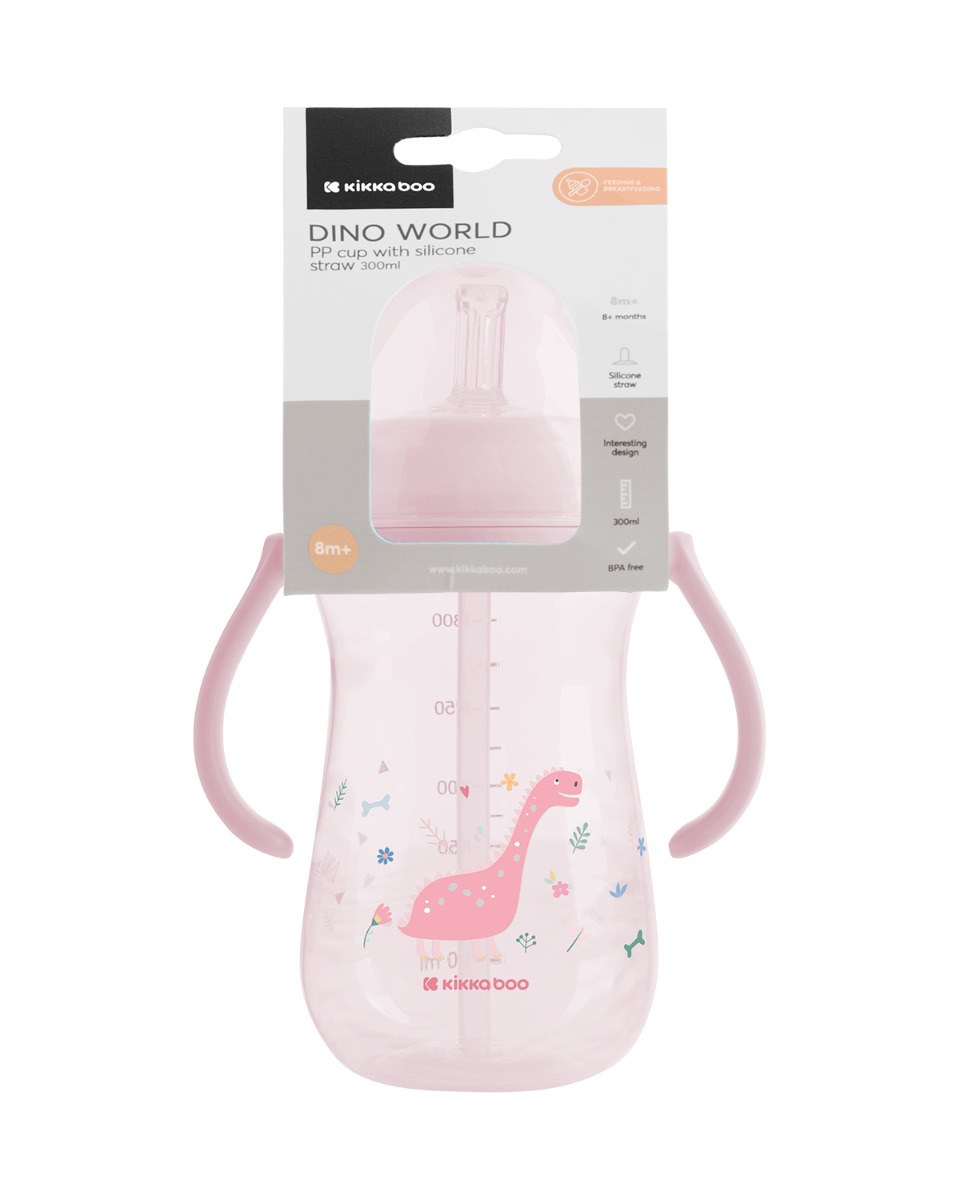Чаша със силиконовa сламка 300мл Dino World Pink