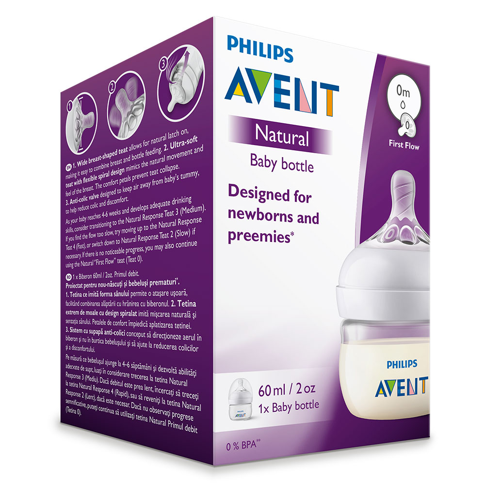 Шише за хранене Natural Philips AVENT 60 мл, с биберон с по-бавен поток First Flow подходящ за новородени и недоносени бебета