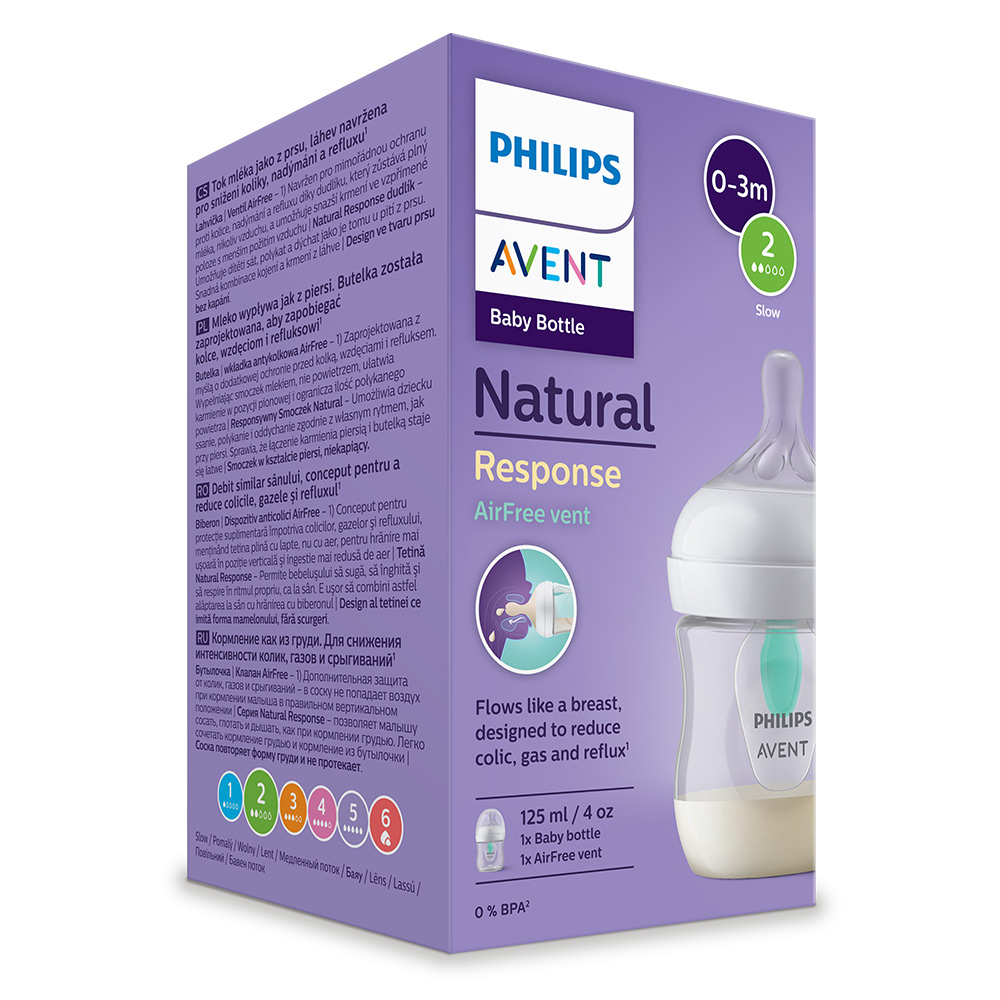 Шише за хранене Natural Response с клапа AirFree 125 мл с биберон без протичане Natural Response с бавен поток, Philips AVENT SCY670/01