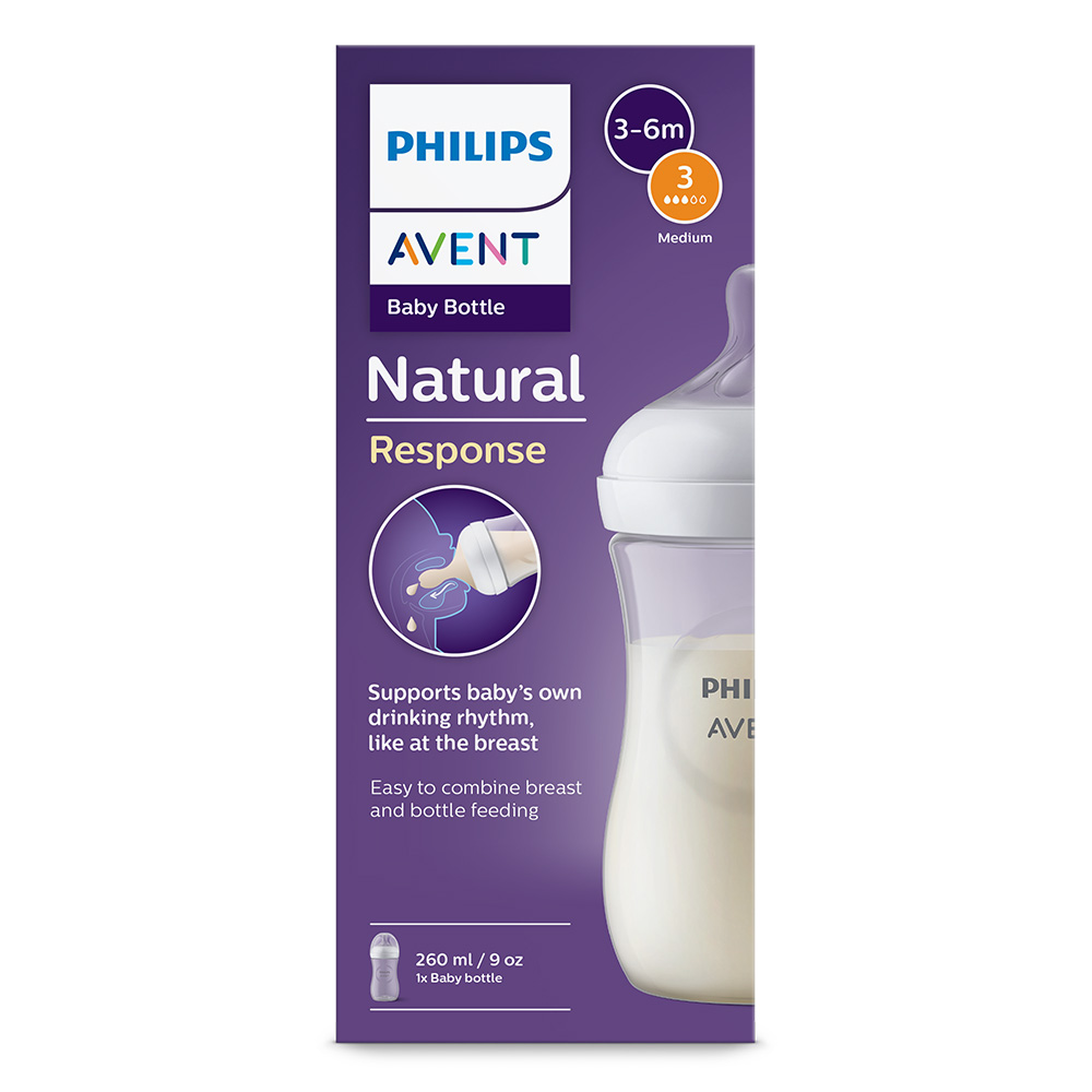 Шише за хранене Natural Response 260 мл с биберон без протичане Natural Response със среден поток, Philips AVENT SCY903/01