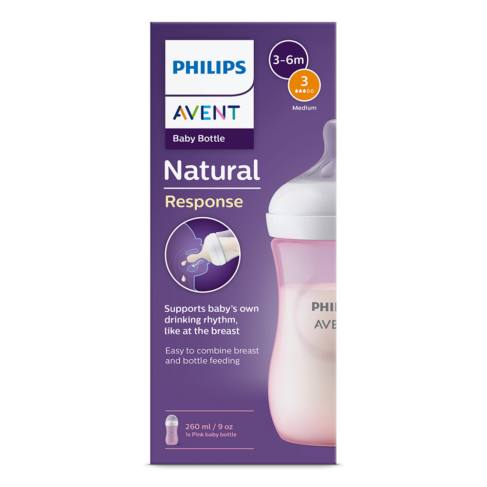 Шише за хранене Natural Response 260 мл с биберон без протичане Natural Response Поток 3, 1м+, Розово, Philips AVENT SCY903/11