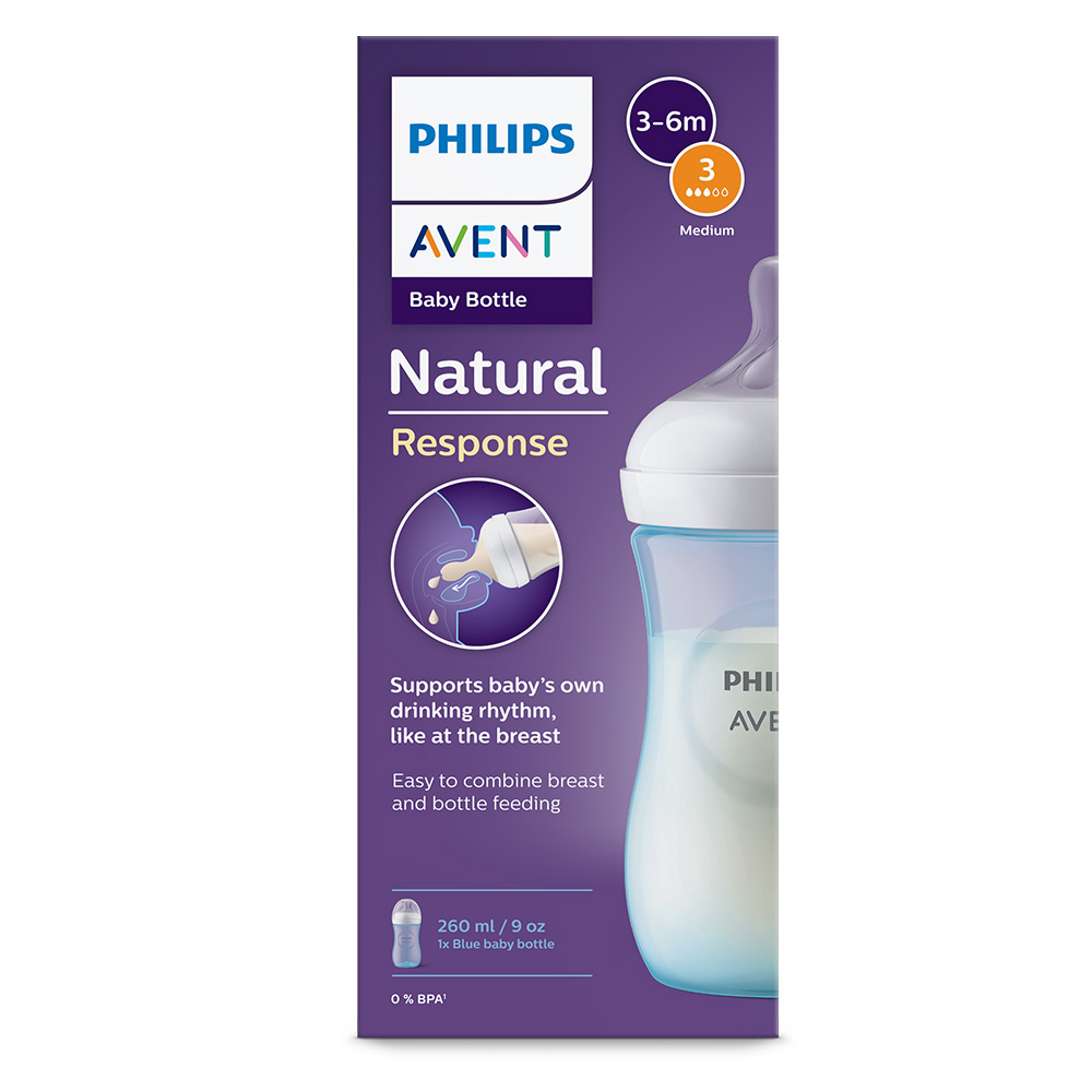 Шише за хранене Natural Response 260 мл с биберон без протичане Natural Response със среден поток, Philips AVENT SCY903/21