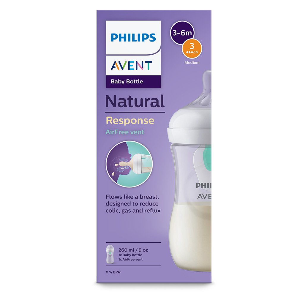 Шише за хранене Natural Response с клапа AirFree 260 мл с биберон без протичане Natural Response със среден поток Philips AVENT SCY673/01