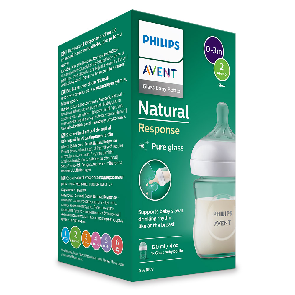 Стъклено шише за хранене Natural Response 120 мл с биберон без протичане Natural Response с бавен поток, 0м+, Philips AVENT SCY930/01