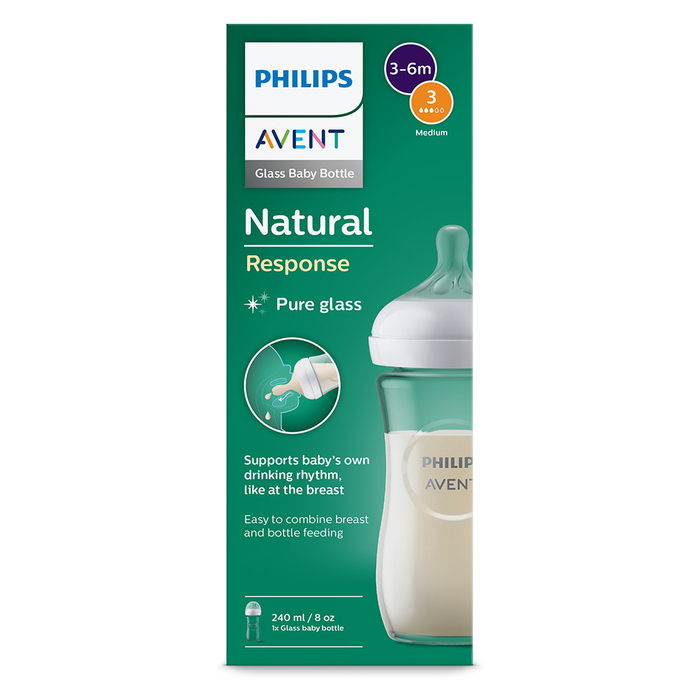 Стъклено шише за хранене Natural Response 240 мл с биберон без протичане Natural Response с бърз поток, Philips AVENT SCY933/01