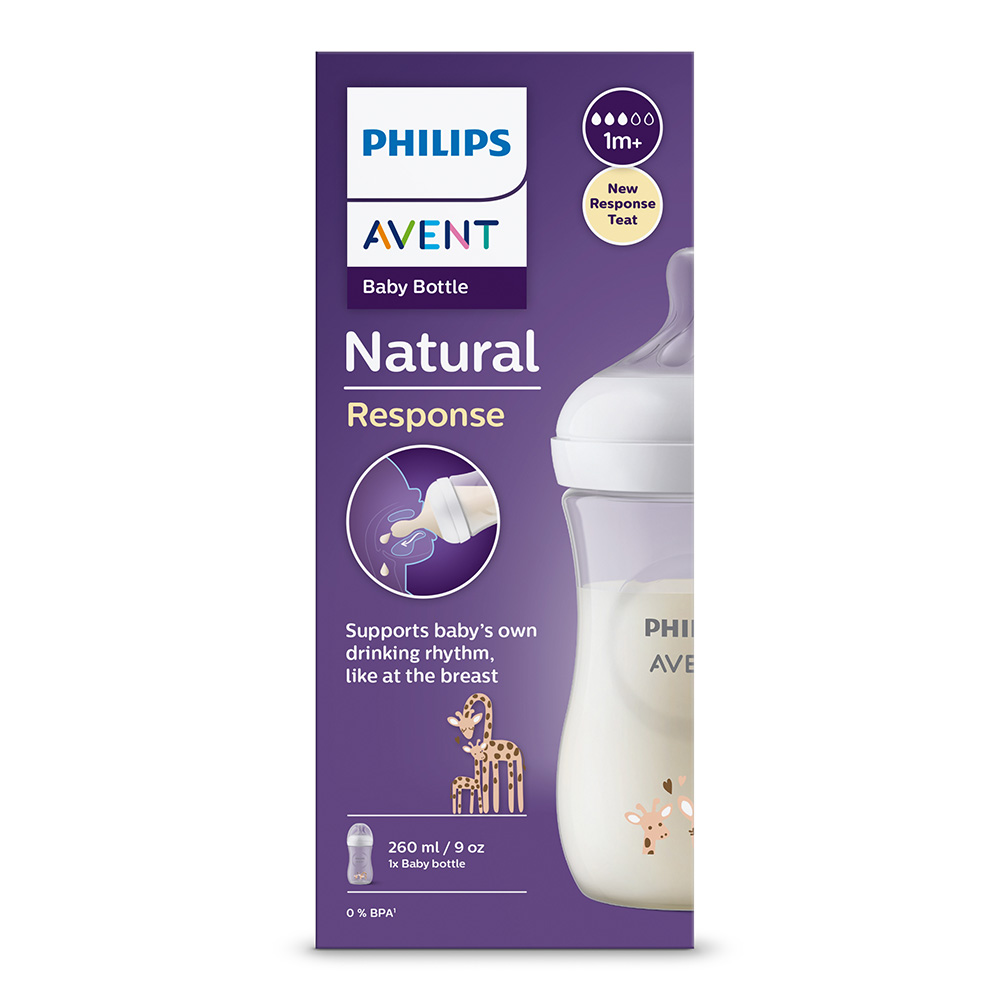 Шише за хранене Natural Response 260 мл с биберон без протичане Natural Response Поток 3, 1м+, с картинка Жирафи, Philips AVENT SCY903/66