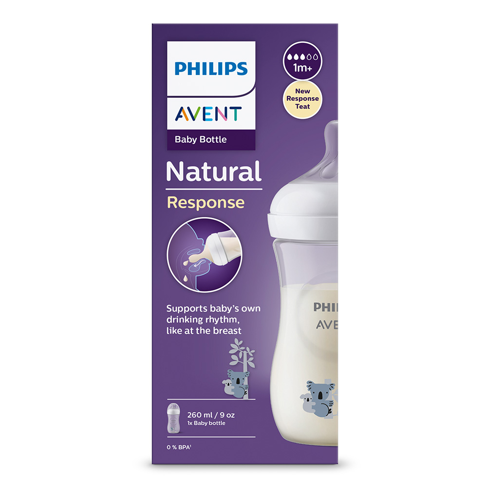 Шише за хранене Natural Response 260 мл с биберон без протичане Natural Response Поток 3, 1м+, с картинка Коала, Philips AVENT SCY903/67