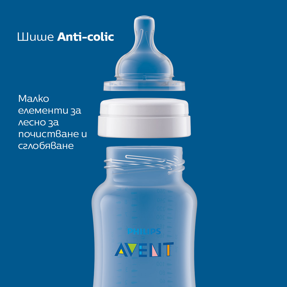 Комплект от 2 бр. шишета за хранене Anti-Colic 260 мл, с биберон със сила на потока 2, 1м+ Philips AVENT SCY103/02