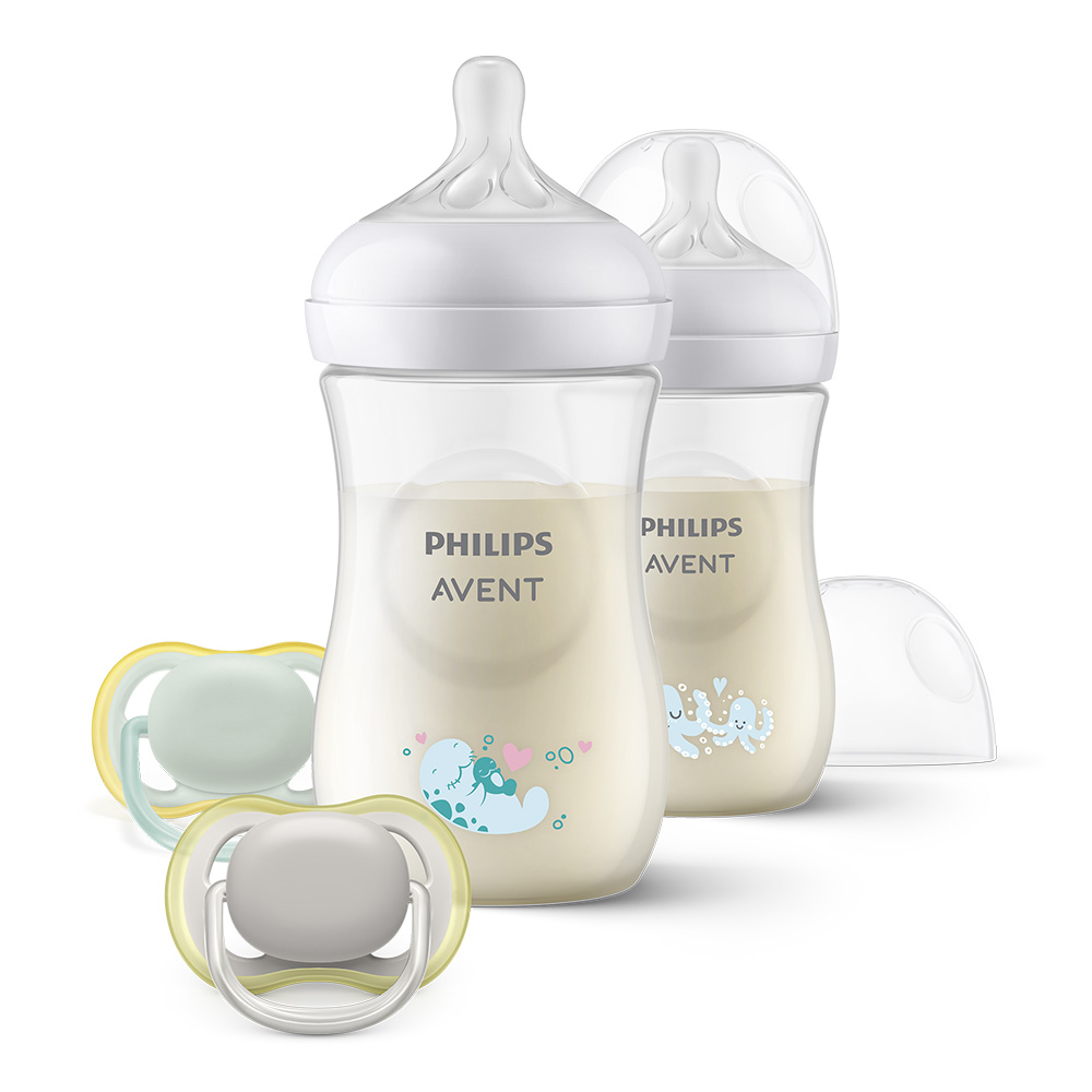 Подаръчен комплект за бебе Philips AVENT SCD837/11 Октоподи с 2 бр. шишета за хранене Natural Response 260 мл с биберони без протичане със среден поток и 2 бр. залъгалки Ultra Air 0-6м