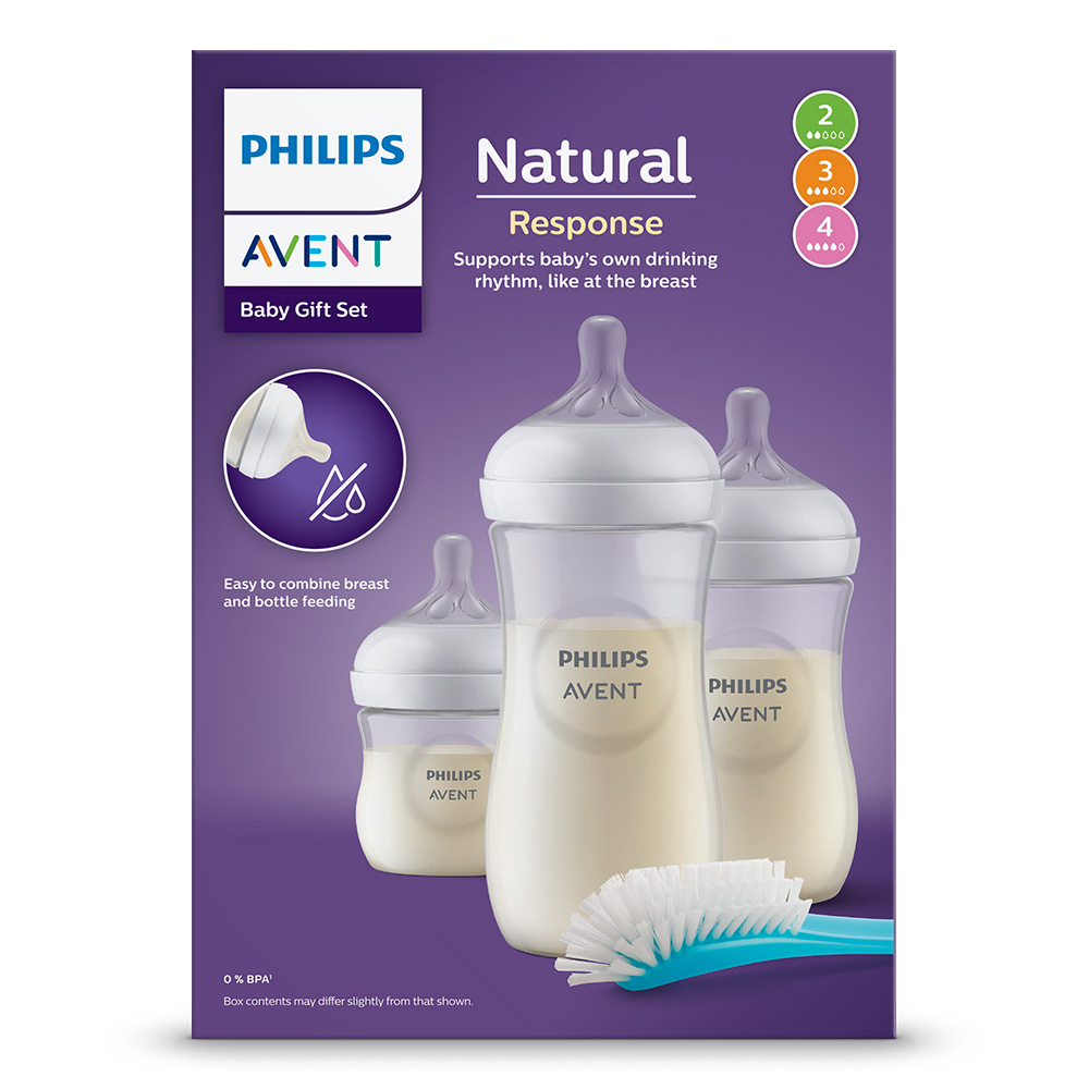 Комплект за новородено Philips AVENT SCD837/12 с 3 шишета за хранене Natural Response с биберони без протичане и четка за почистване