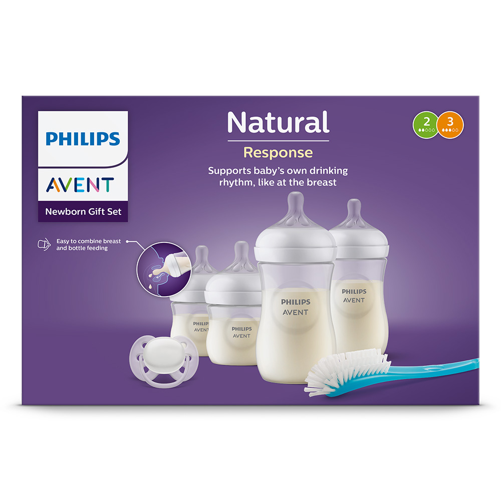 Комплект за новородено Philips AVENT SCD838/11 с 4 шишета за хранене Natural Response с биберони без протичане, залъгалка Ultra Soft и четка за почистване