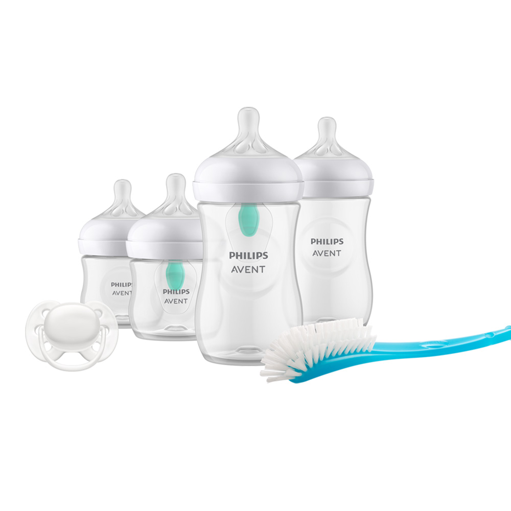 Комплект за новородено Philips AVENT SCD657/11 с 4 шишета за хранене Natural Response с биберони без протичане, клапа AirFree, залъгалка Ultra Soft и четка за почистване