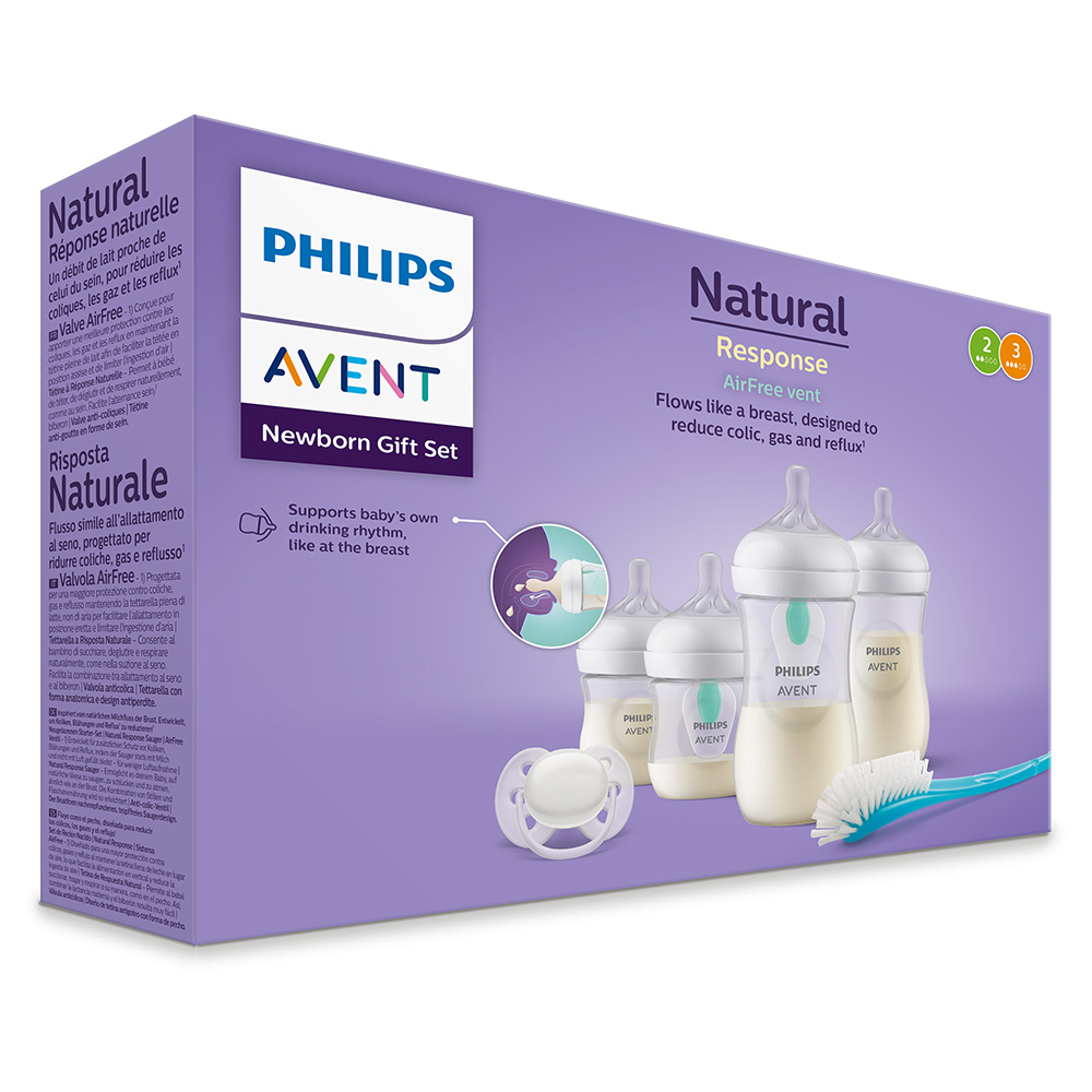 Комплект за новородено Philips AVENT SCD657/11 с 4 шишета за хранене Natural Response с биберони без протичане, клапа AirFree, залъгалка Ultra Soft и четка за почистване