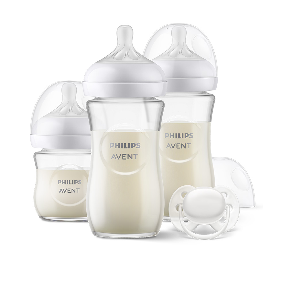 Подаръчен комплект за бебе Philips AVENT SCD878/11 с 3 стъклени шишета за хранене Natural Response с биберони без протичане и залъгалка UltraSoft 0-6м