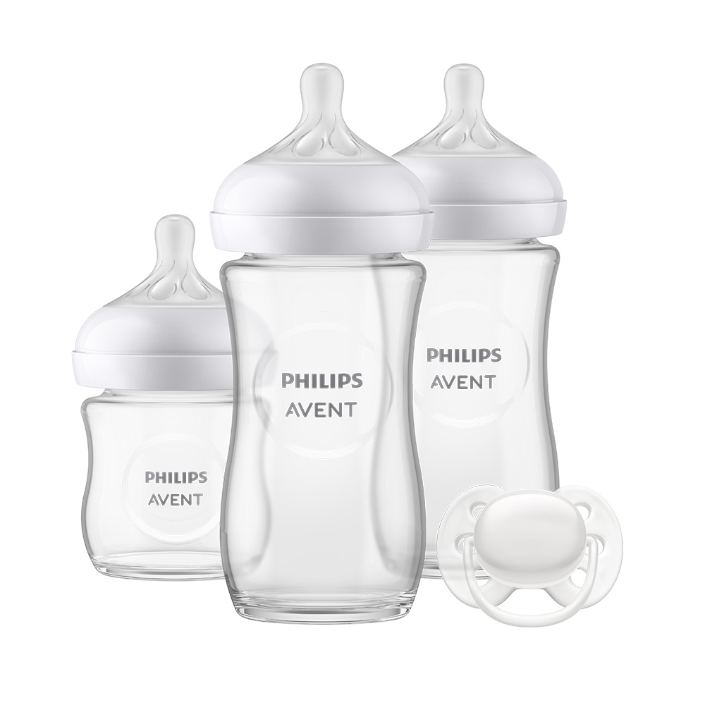 Подаръчен комплект за бебе Philips AVENT SCD878/11 с 3 стъклени шишета за хранене Natural Response с биберони без протичане и залъгалка UltraSoft 0-6м