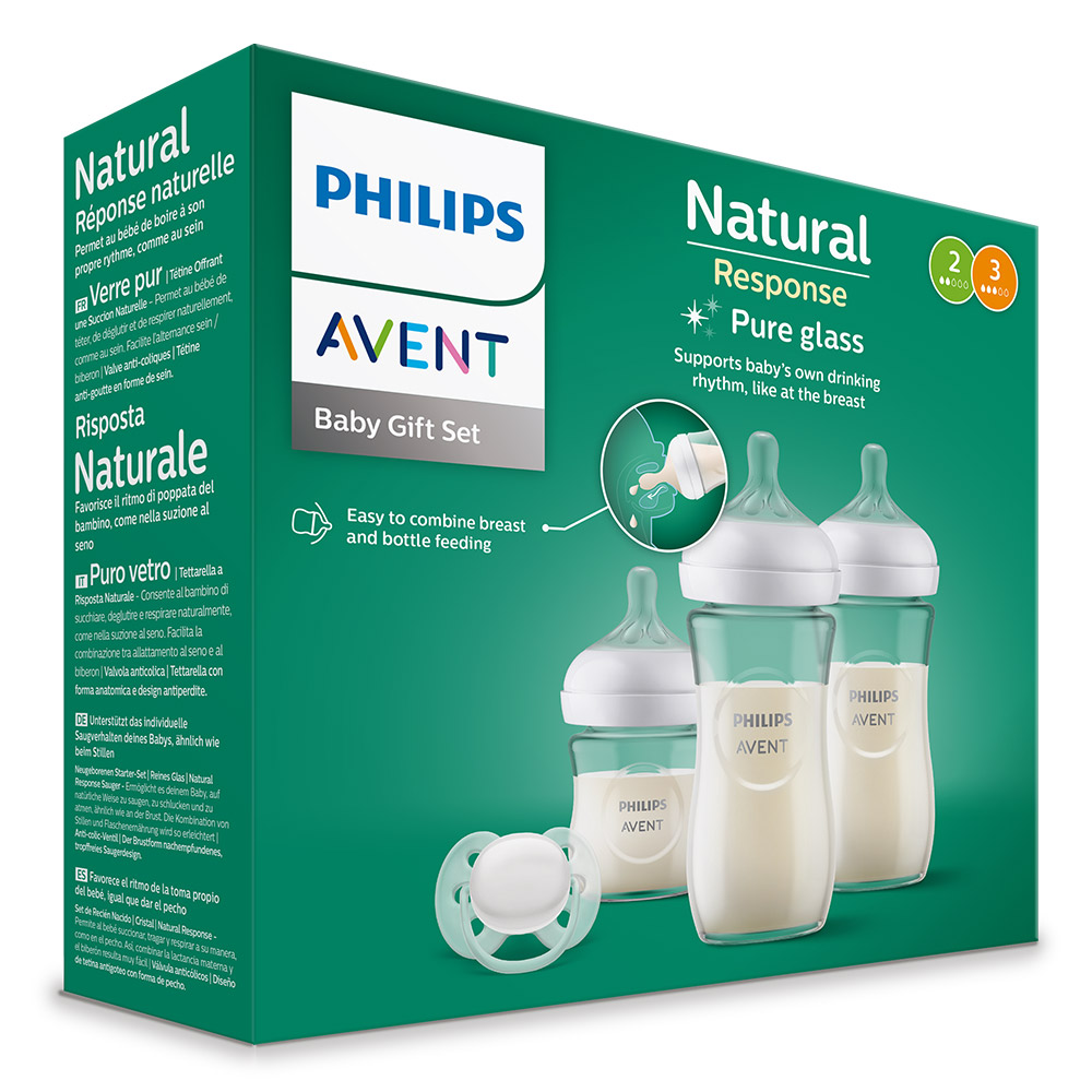 Подаръчен комплект за бебе Philips AVENT SCD878/11 с 3 стъклени шишета за хранене Natural Response с биберони без протичане и залъгалка UltraSoft 0-6м
