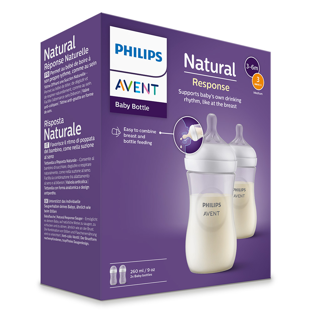 Комплект от 2 бр. шишета за хранене Natural Response 260 мл с биберон без протичане Natural Response със среден поток, 3-6м
