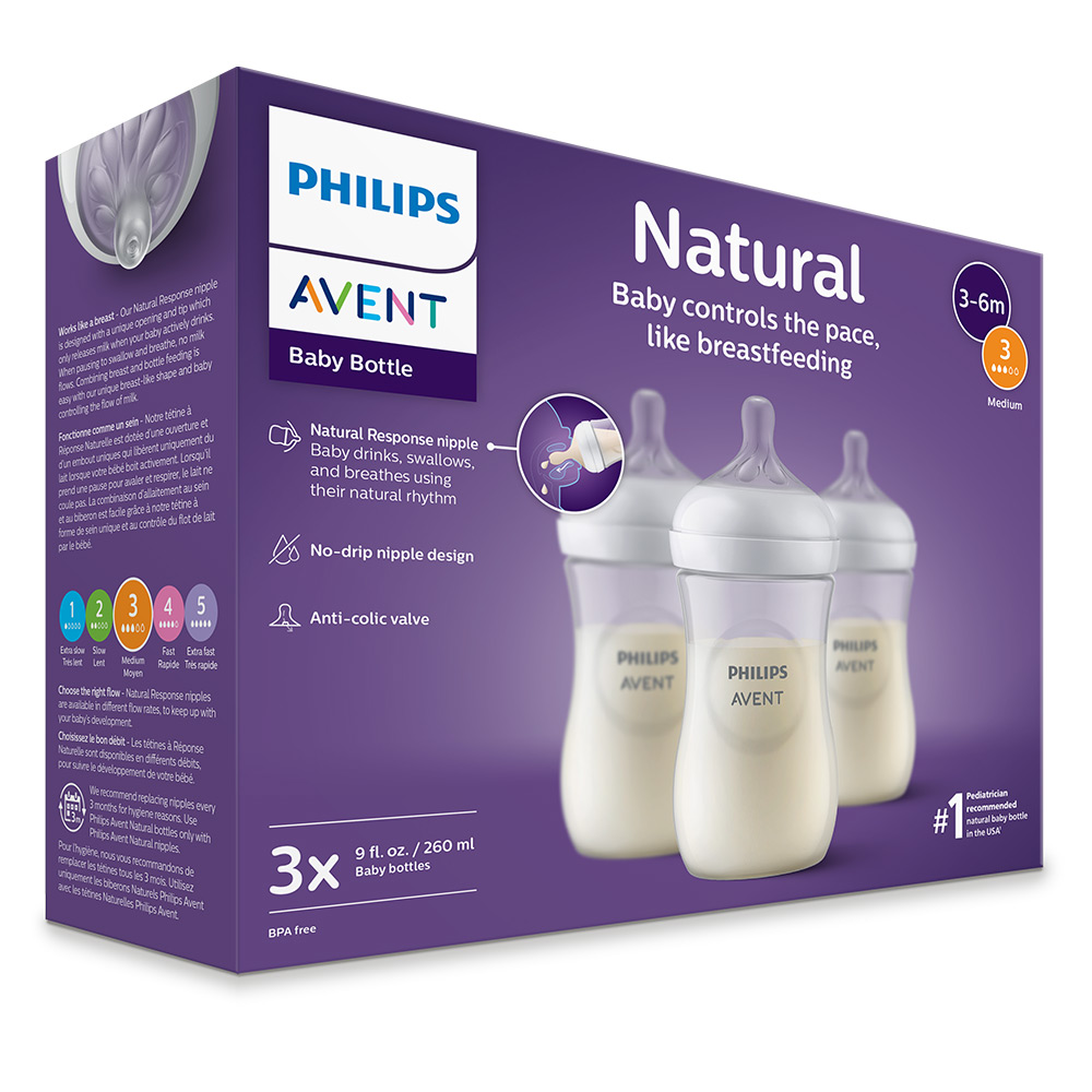 Комплект от 3 бр. шишета за хранене Natural Response 260 мл с биберон без протичане Natural Response със среден поток, 3м+, Philips AVENT SCY903/03
