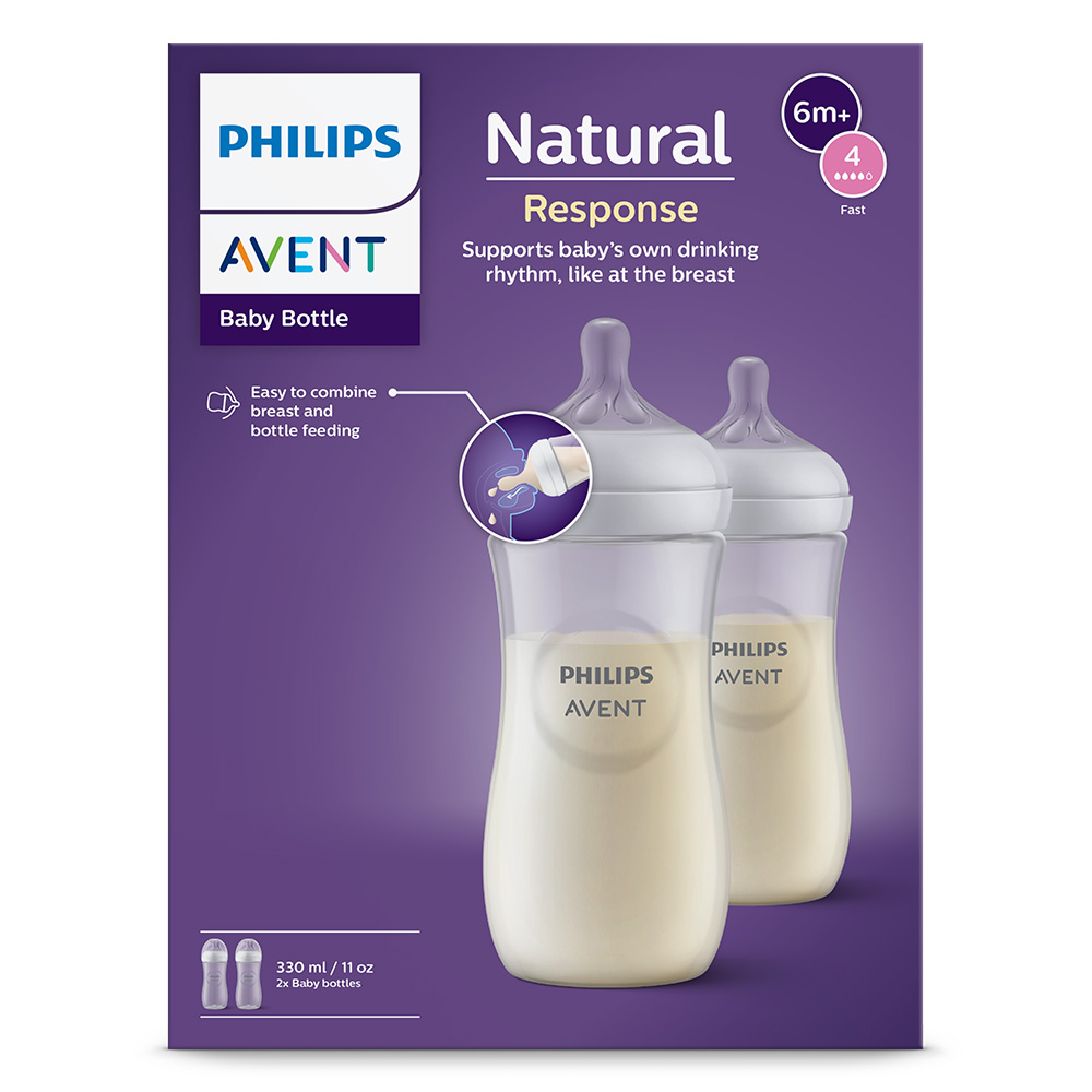 Комплект от 2 броя шишета за хранене Natural Response 330 мл с биберон без протичане Natural Response Поток 4, 3м+, Philips AVENT SCY906/02