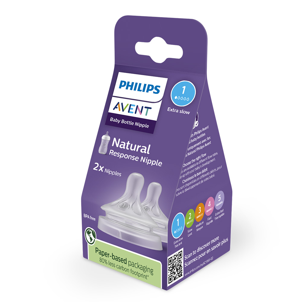 Комплект от 2 броя биберони без протичане Philips AVENT Natural Response SCY961/02, Flow 1 с много бавен поток
