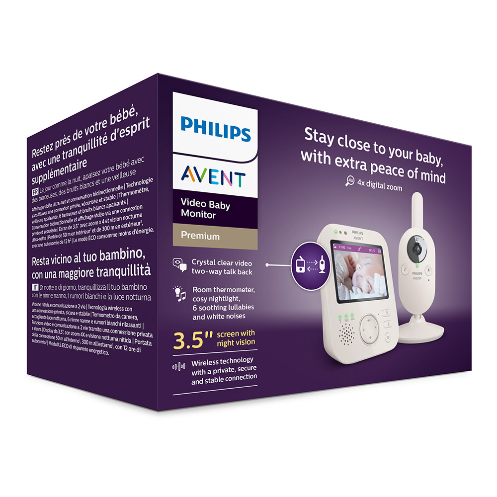 Дигитален видео бебефон Philips AVENT Premium SCD891/26 с 3,5-инчов цветен екран, нощно виждане, двустранна комуникация и термометър