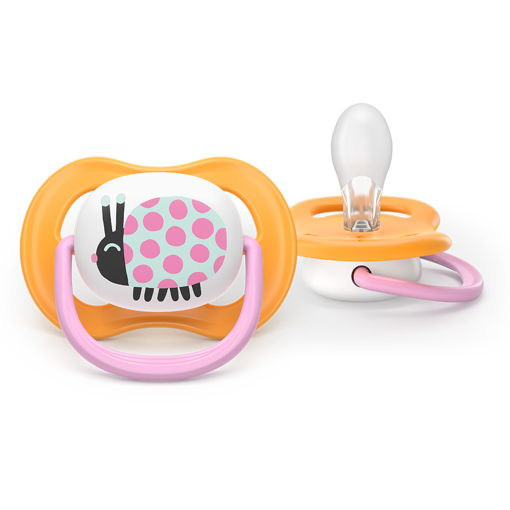 2 броя ортодонтски силиконови залъгалки Philips AVENT SCF080/27 Ultra Air Happy, 6-18м, с декорация в розово, в кутия за стерилизиране