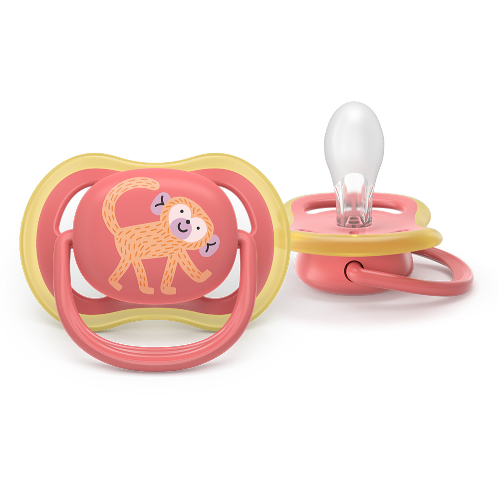 2 броя ортодонтски силиконови залъгалки Philips AVENT SCF349/47 Ultra Air, 18м+, с картинки, в кутия за стерилизиране