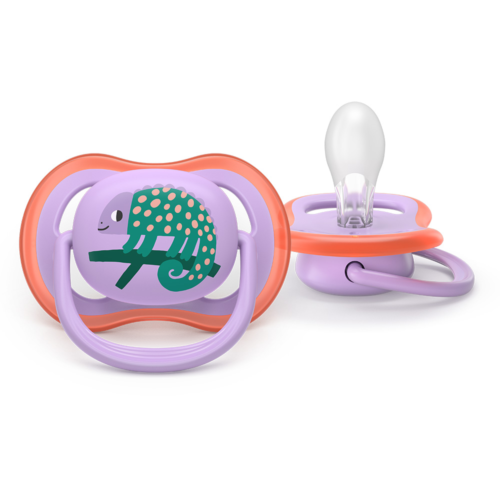 2 броя ортодонтски силиконови залъгалки Philips AVENT SCF349/47 Ultra Air, 18м+, с картинки, в кутия за стерилизиране