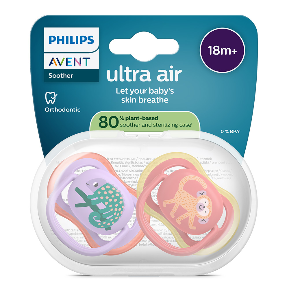 2 броя ортодонтски силиконови залъгалки Philips AVENT SCF349/47 Ultra Air, 18м+, с картинки, в кутия за стерилизиране