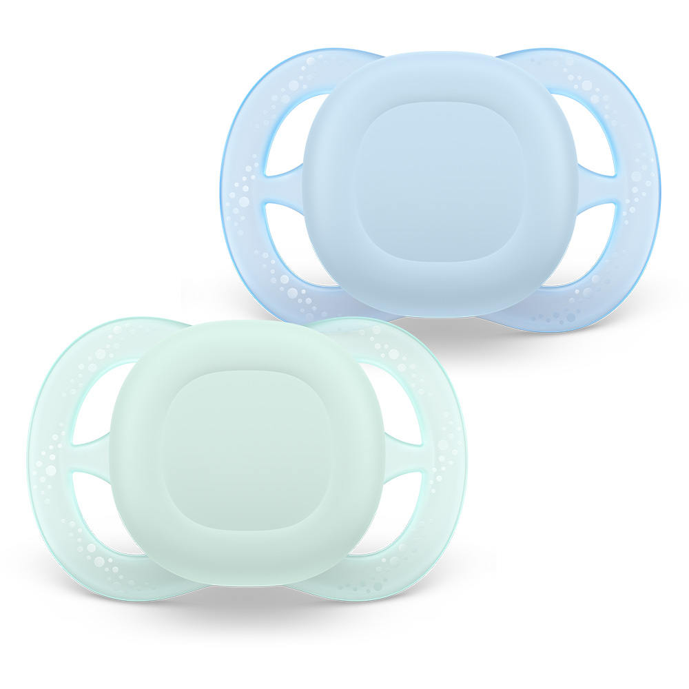 Комплект от 2 бр. ортодонтски силиконови залъгалки за новородени Philips AVENT SCF075/12 Ultra Start 0-2м, в синьо и зелено, в кутия за стерилизиране