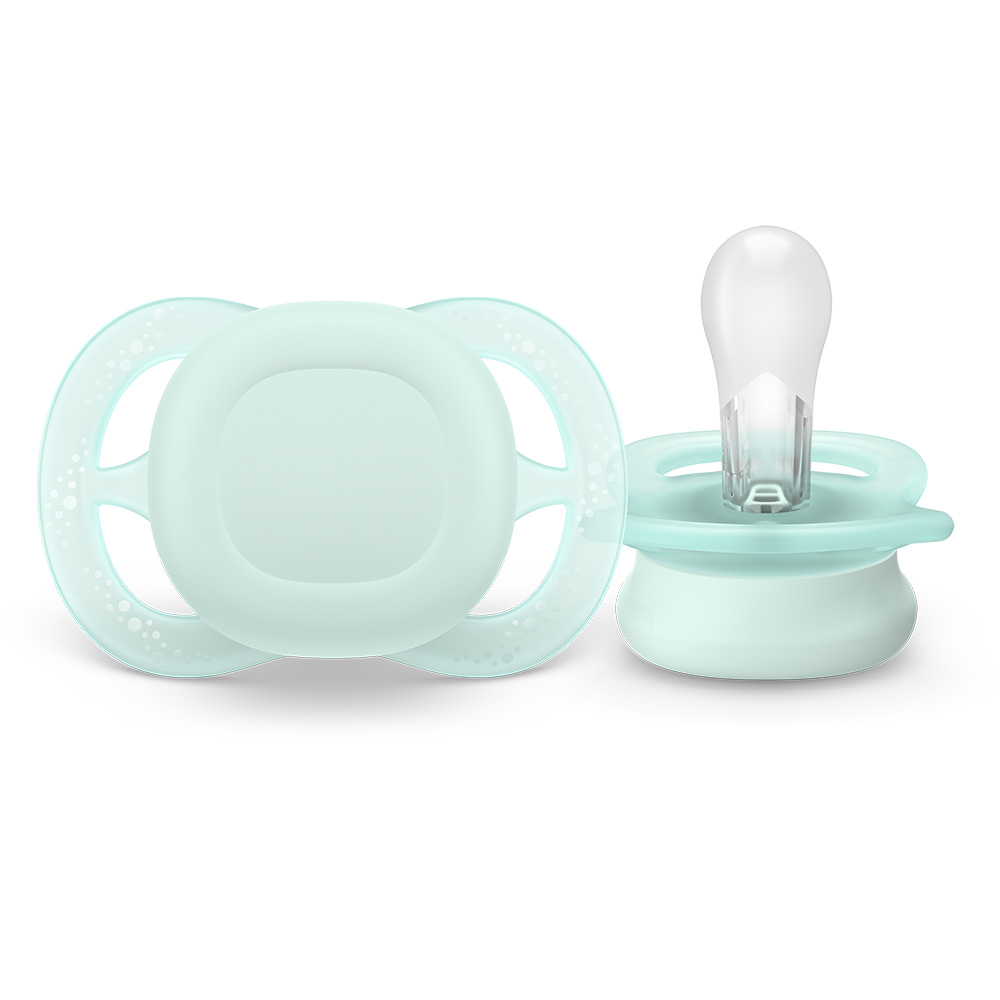 Комплект от 2 бр. ортодонтски силиконови залъгалки за новородени Philips AVENT SCF075/12 Ultra Start 0-2м, в синьо и зелено, в кутия за стерилизиране