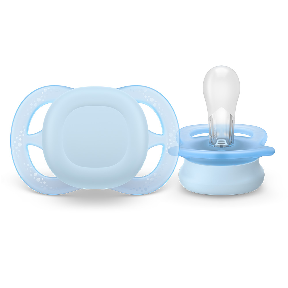 Комплект от 2 бр. ортодонтски силиконови залъгалки за новородени Philips AVENT SCF075/12 Ultra Start 0-2м, в синьо и зелено, в кутия за стерилизиране