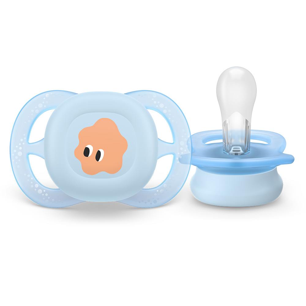 Комплект от 2 бр. ортодонтски силиконови залъгалки за новородени Philips AVENT SCF075/14 Ultra Start, в синьо и зелено със забавен декор, в кутия за стерилизиране