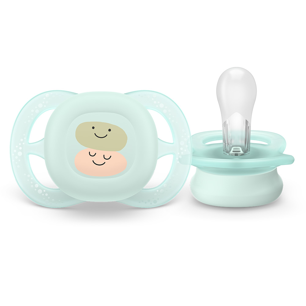Комплект от 2 бр. ортодонтски силиконови залъгалки за новородени Philips AVENT SCF075/14 Ultra Start, в синьо и зелено със забавен декор, в кутия за стерилизиране