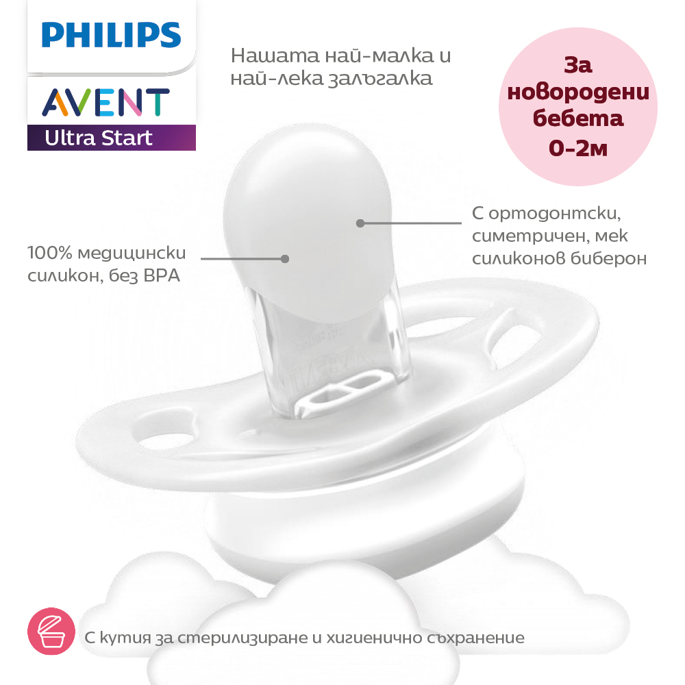 Комплект от 2 бр. ортодонтски силиконови залъгалки за новородени Philips AVENT SCF075/14 Ultra Start, в синьо и зелено със забавен декор, в кутия за стерилизиране