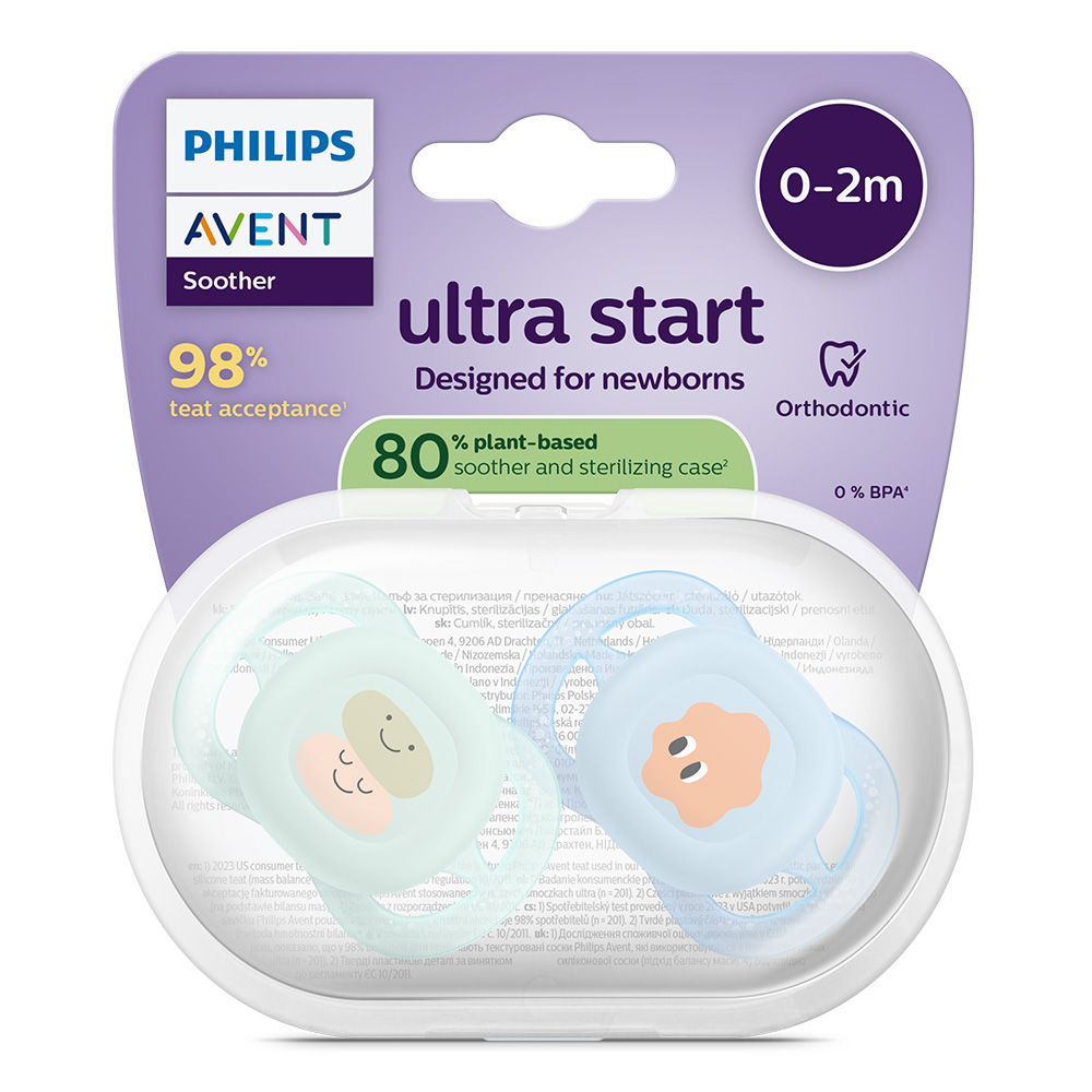 Комплект от 2 бр. ортодонтски силиконови залъгалки за новородени Philips AVENT SCF075/14 Ultra Start, в синьо и зелено със забавен декор, в кутия за стерилизиране