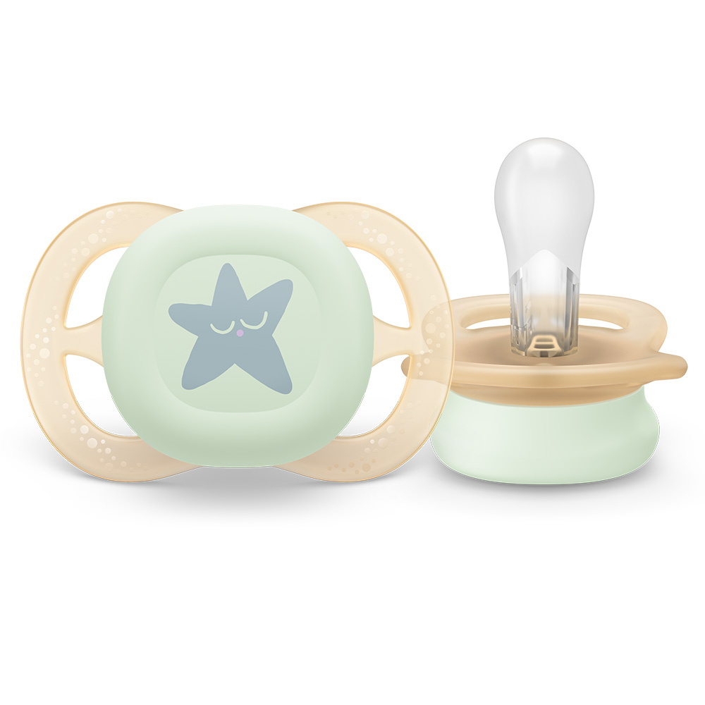 2 бр. светещи в тъмното ортодонтични залъгалки за новородени Philips AVENT SCF075/17 Ultra Start Night 0-2м, в оранжево и лилаво с декор луна и звезди, в кутия за стерилизиране
