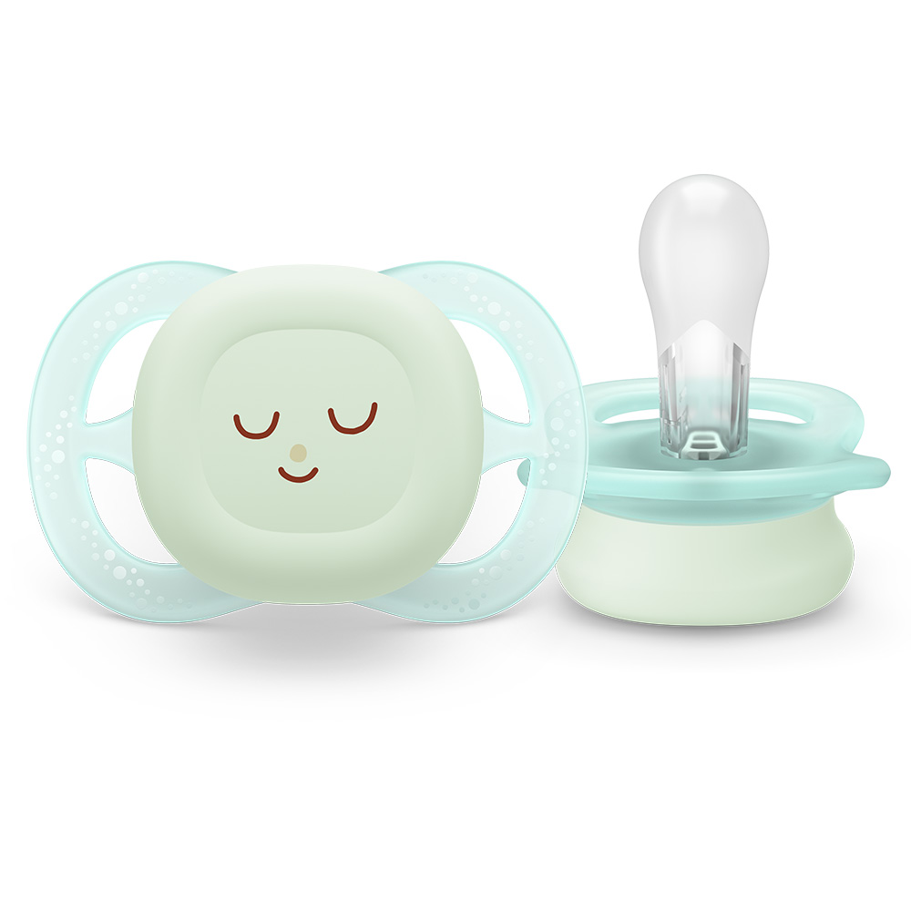 2 бр. светещи в тъмното ортодонтски залъгалки за новородени Philips AVENT SCF075/18 Ultra Start Night, в синьо и зелено с декор Sleep, в кутия за стерилизиране