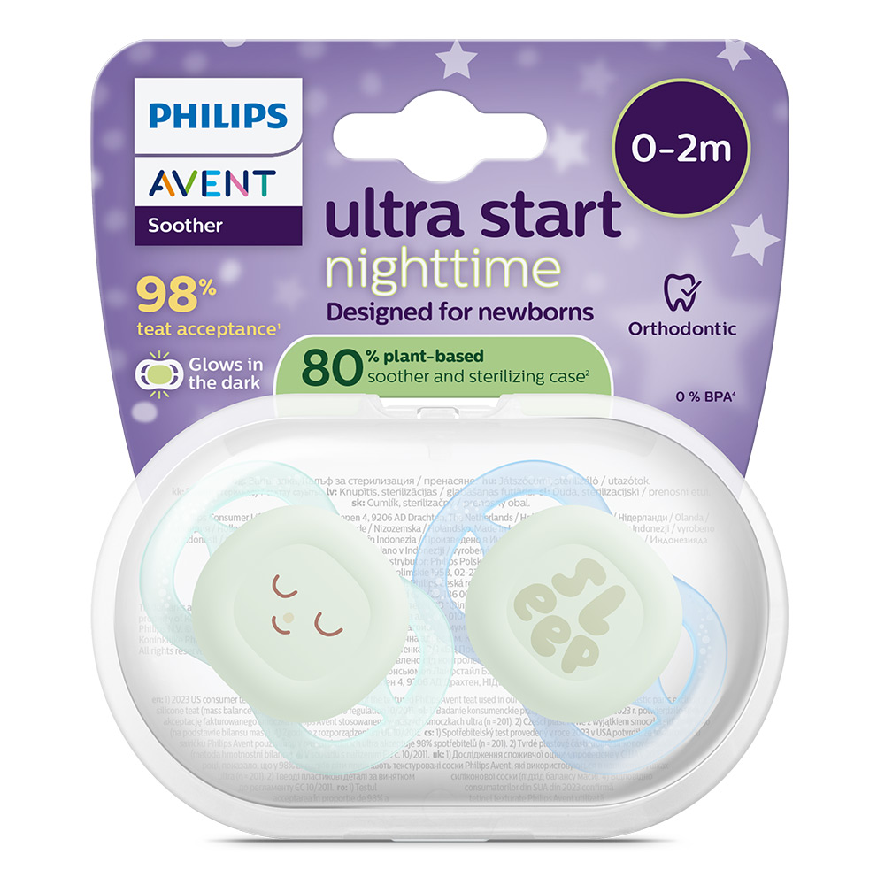 2 бр. светещи в тъмното ортодонтски залъгалки за новородени Philips AVENT SCF075/18 Ultra Start Night, в синьо и зелено с декор Sleep, в кутия за стерилизиране