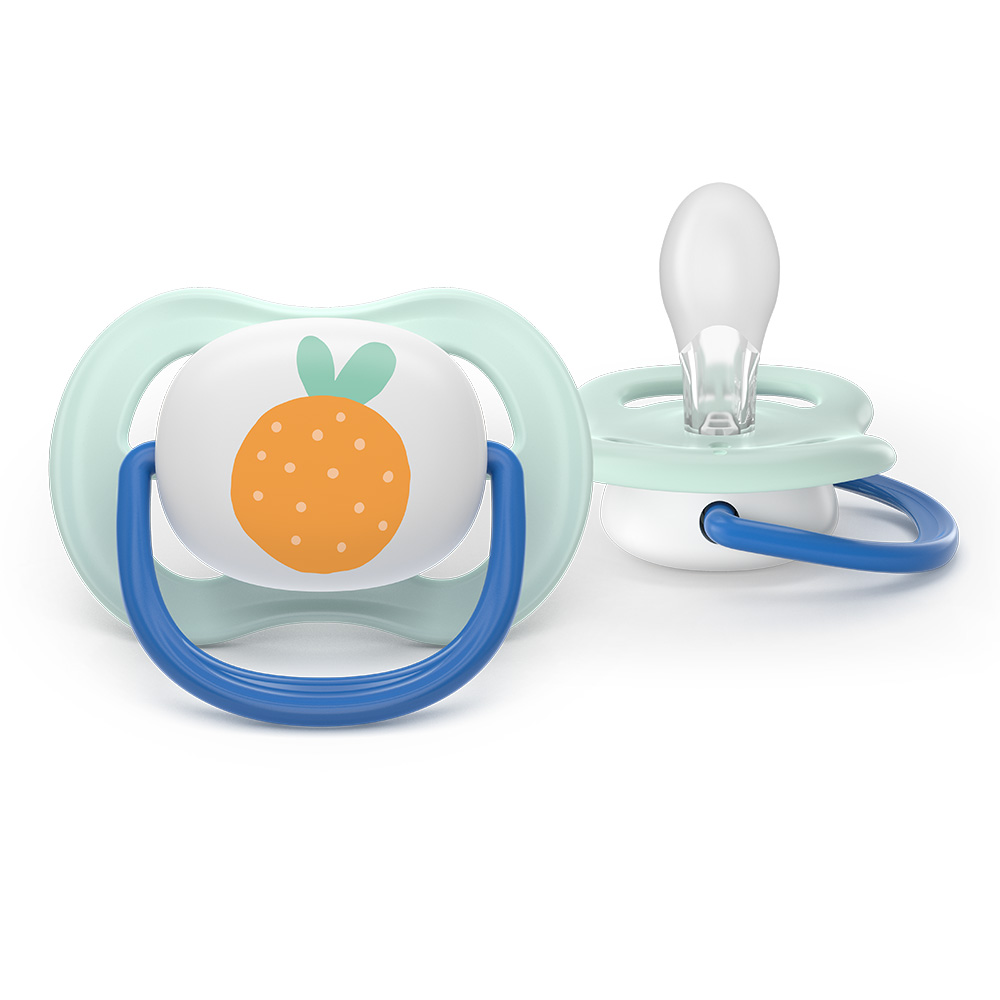 2 броя ортодонтски силиконови залъгалки Philips AVENT SCF080/23 Ultra Air Happy, 0-6м, с декорация в синьо, в кутия за стерилизиране