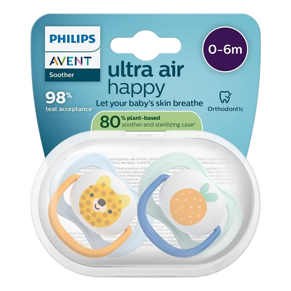 2 броя ортодонтски силиконови залъгалки Philips AVENT SCF080/23 Ultra Air Happy, 0-6м, с декорация в синьо, в кутия за стерилизиране