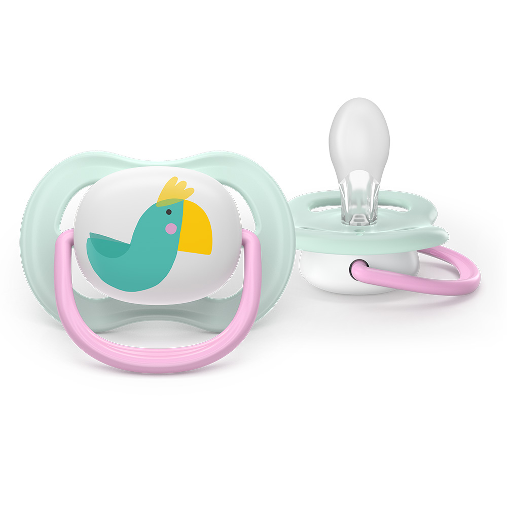 2 броя ортодонтски силиконови залъгалки Philips AVENT SCF080/24 Ultra Air Happy, 0-6м, с декорация в розово, в кутия за стерилизиране