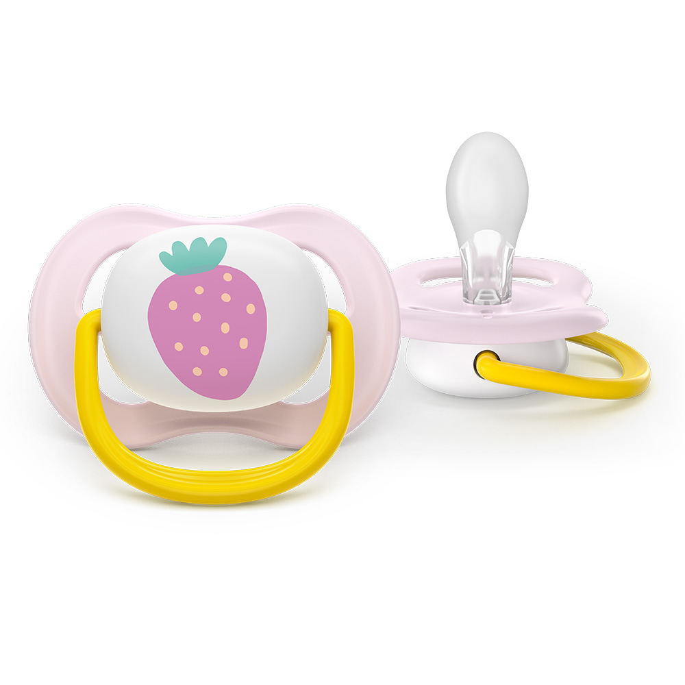 2 броя ортодонтски силиконови залъгалки Philips AVENT SCF080/24 Ultra Air Happy, 0-6м, с декорация в розово, в кутия за стерилизиране