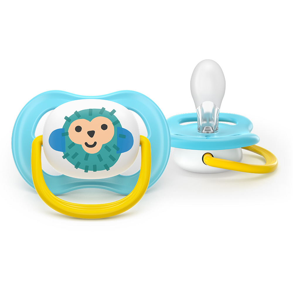 2 броя ортодонтски силиконови залъгалки Philips AVENT SCF080/26 Ultra Air Happy, 6-18м, с декорация в синьо, в кутия за стерилизиране