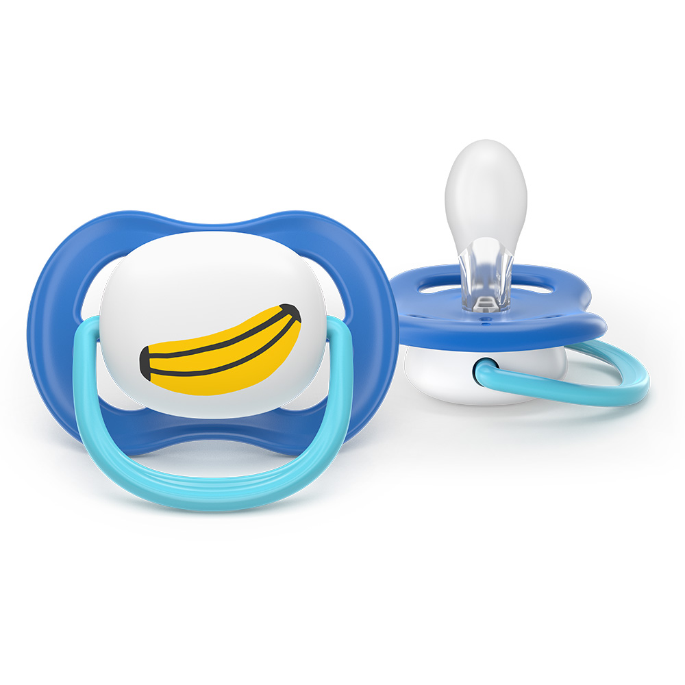 2 броя ортодонтски силиконови залъгалки Philips AVENT SCF080/26 Ultra Air Happy, 6-18м, с декорация в синьо, в кутия за стерилизиране