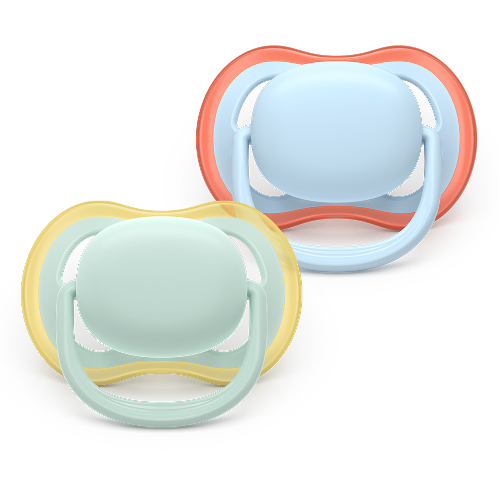 2 броя ортодонтски силиконови залъгалки Philips AVENT SCF087/01 Ultra Air, 0-6м, пастелни едноцветни, в кутия за стерилизиране