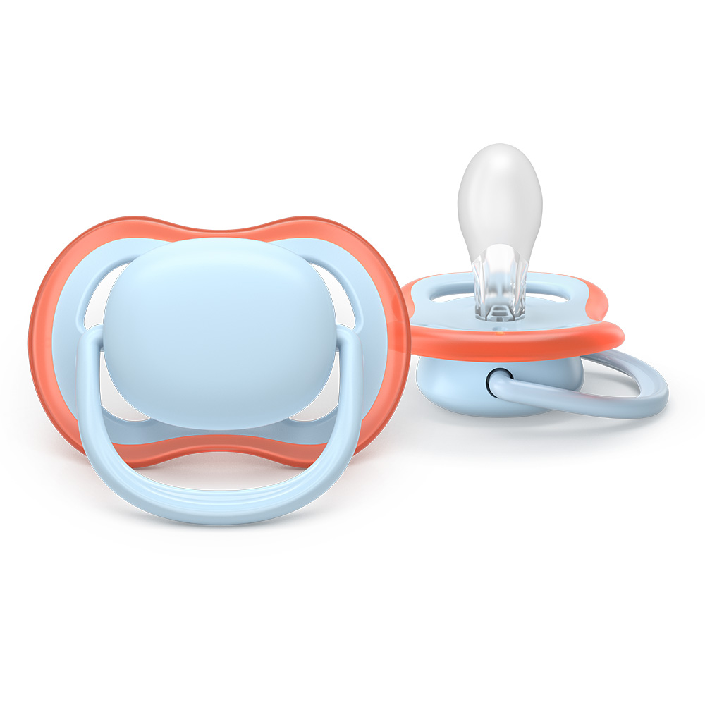 2 броя ортодонтски силиконови залъгалки Philips AVENT SCF087/01 Ultra Air, 0-6м, пастелни едноцветни, в кутия за стерилизиране