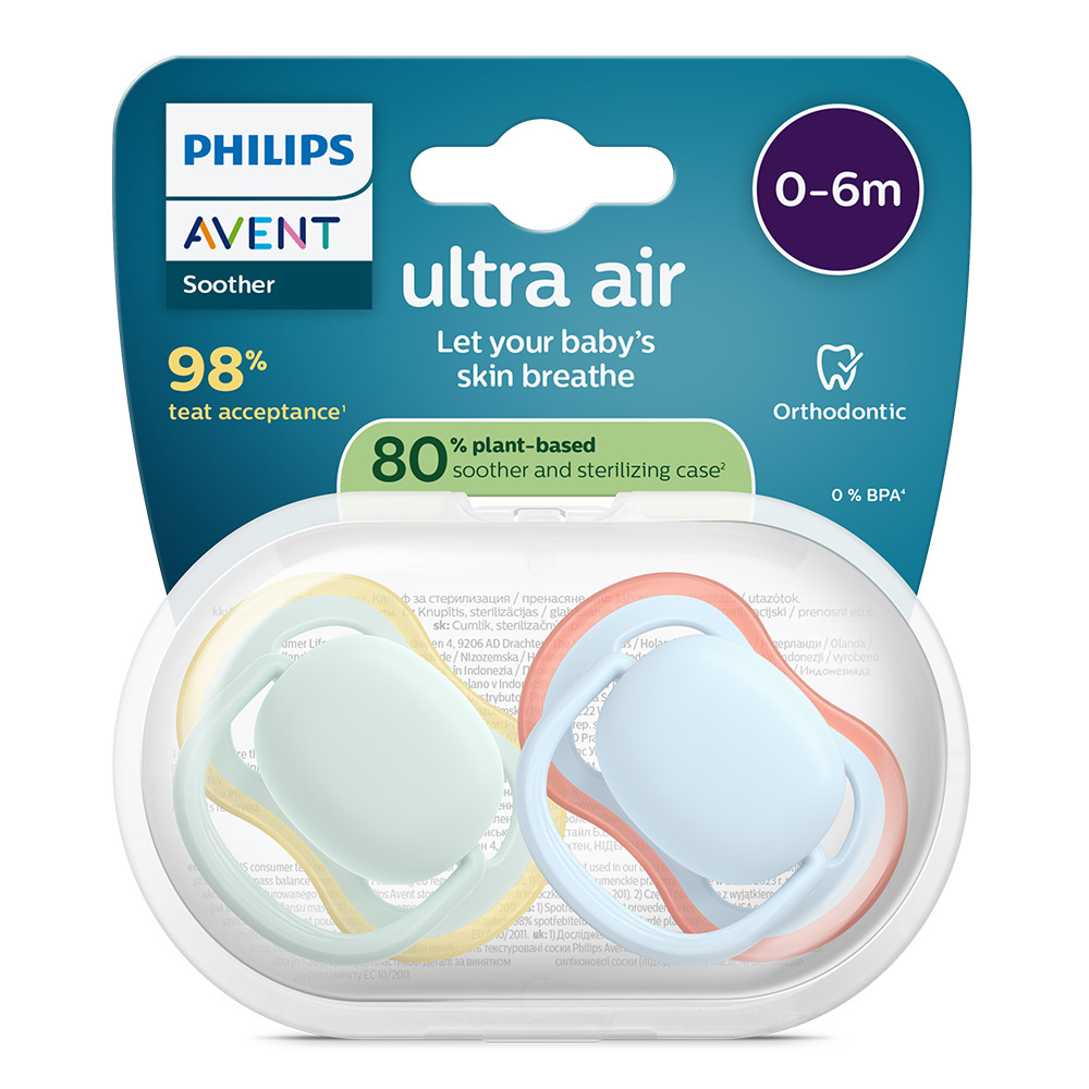 2 броя ортодонтски силиконови залъгалки Philips AVENT SCF087/01 Ultra Air, 0-6м, пастелни едноцветни, в кутия за стерилизиране