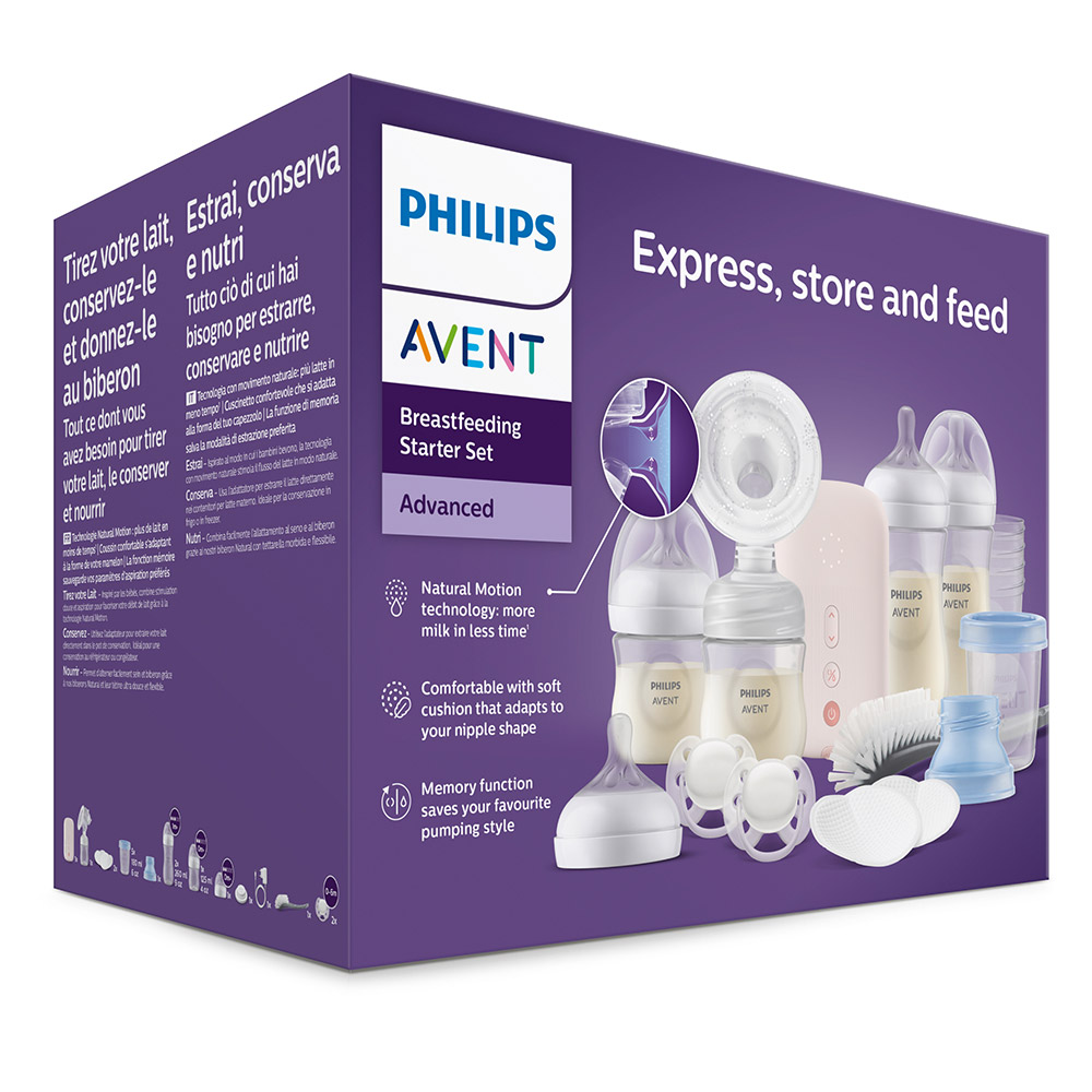 Philips AVENT SCD340/31 Комплект електрическа помпа за изцеждане на кърма Natural Motion Advanced + 4 бр. шишета Natural Response, 5 бр. контейнери VIA, залъгалка, подплънки и четка за почистване
